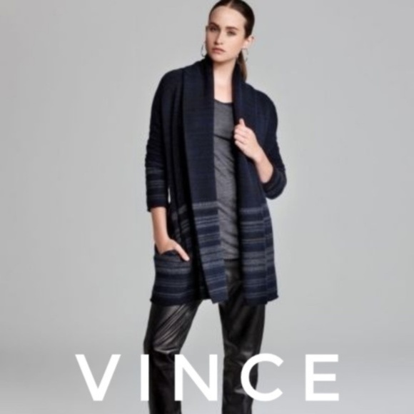 Vince Open Front Knit Wool Yak Blend Long Sleeve Navy Cardigan Sweater Size M - Picture 1 of 9